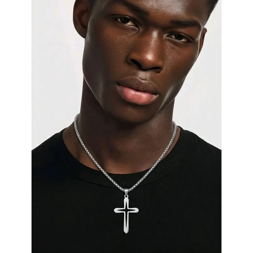 Silver Hollow Cross Pendant Necklace Stainless Steel Unisex Box Chain Jewelry